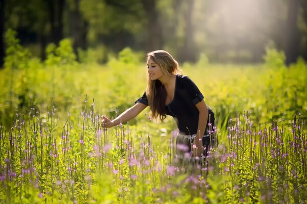 A girl touches flowers in a field