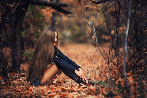 Brünette sitzt im Herbstwald