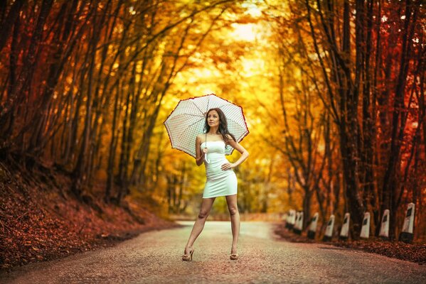 A girl on the road with an umbrella in a dress