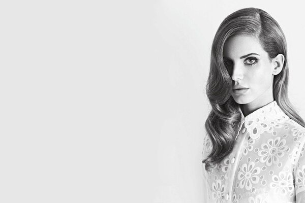 Lana del Rey on a white background with an amazing look