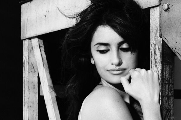 Actress Penelope Cruz. Black and white photo