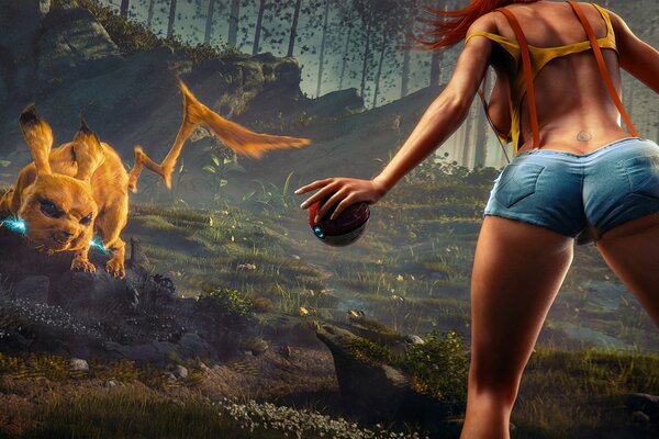 The magic of a girl fighting in the forest with a Pokemon in blue shorts and a ball in her hand