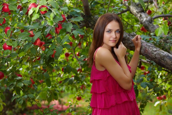 Ragazza in abito rosa vicino all albero