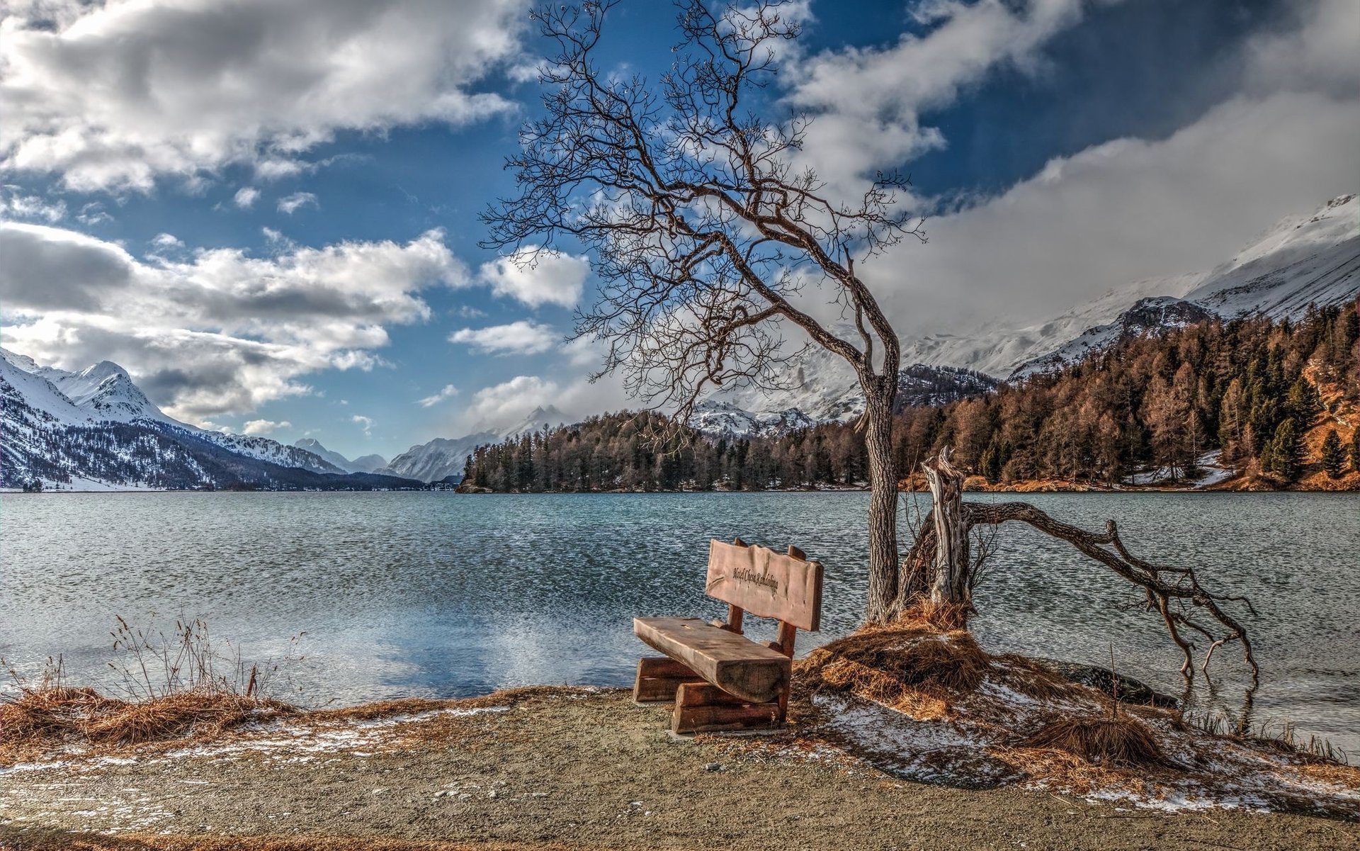 winter landscape mountains lake bench