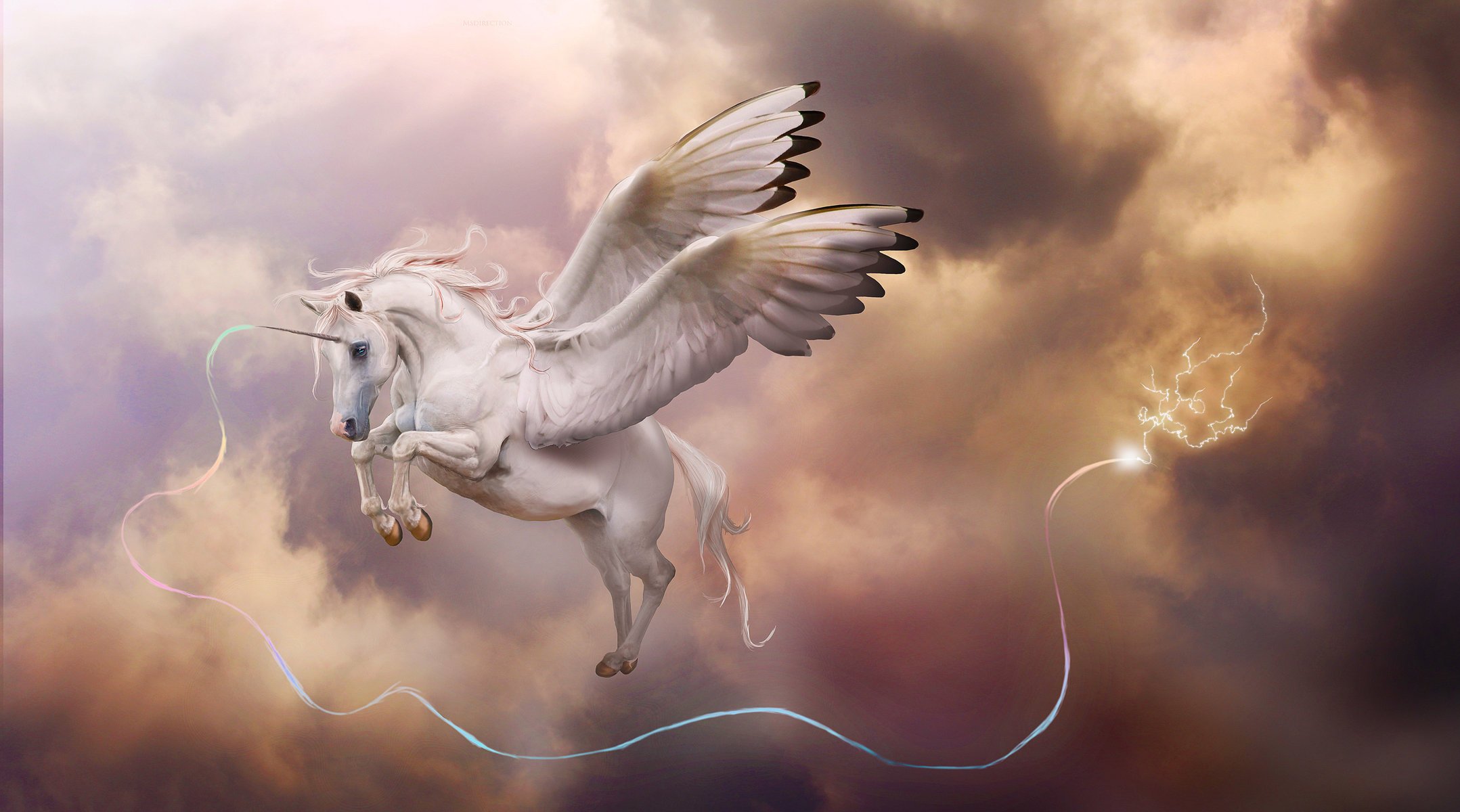 pegaso alas en el cielo relámpago arte cuerno magia unicornio