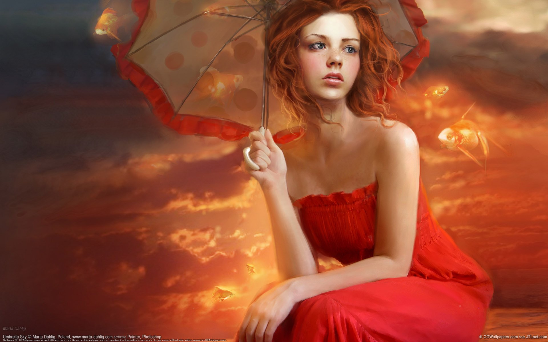 girl in red umbrella fish picture fiction