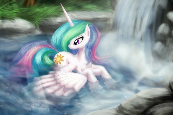 Pony Celestia badet im Wasserfall