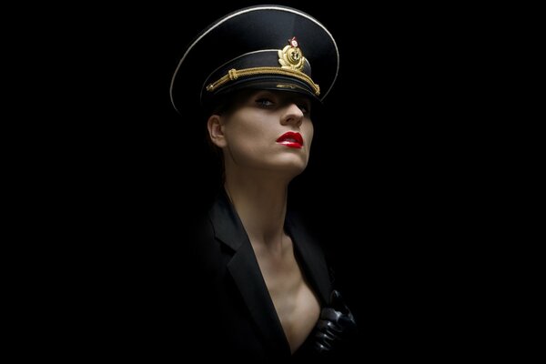 A girl in uniform with lipstick on her lips