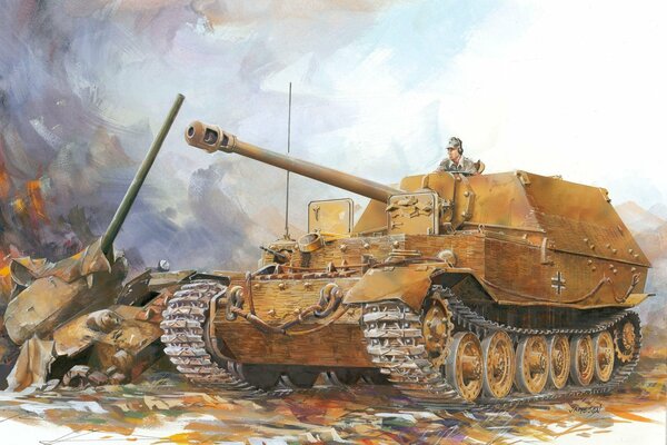 A painted picture of a tank with a man