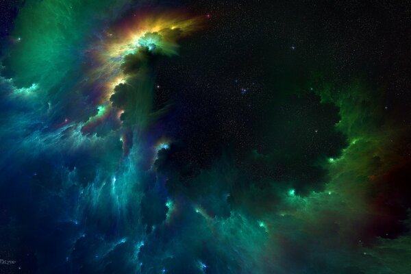 A cluster of stars in the middle of the nebula in blue-green tons