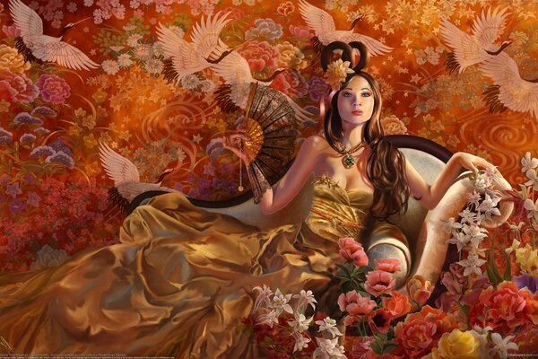 A girl in a yellow dress is lying on a sofa among flowers and birds