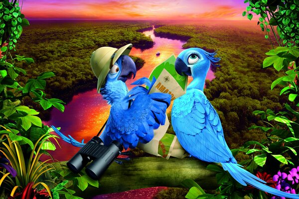 Parrots from the cartoon Rio 2 at sunset