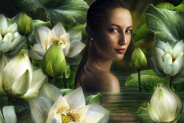 A girl swims in a pond among white lilies