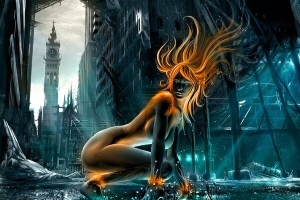 Naked girl with fiery hair, bracelets on her arms and legs on a gloomy background of the city