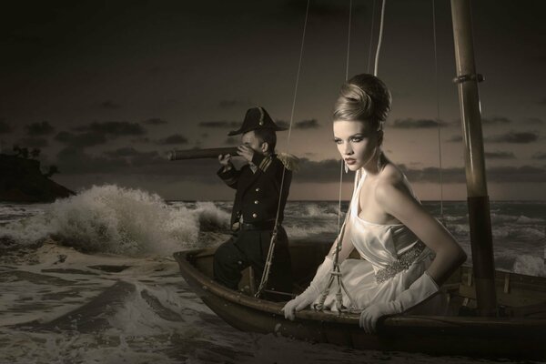 Beautiful girl on a boat with a purposeful look