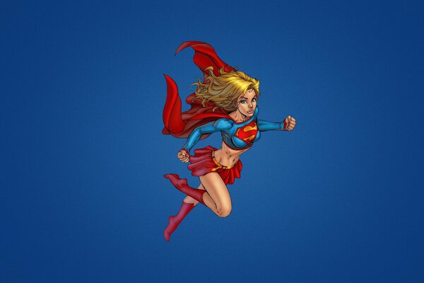 Supergirl is flying on a blue background