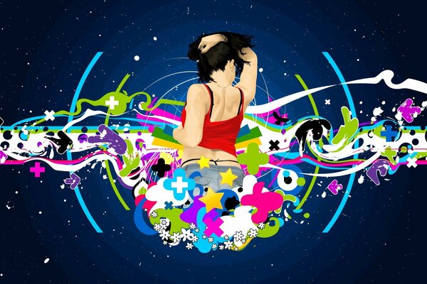 Brunette from behind in a red T-shirt with her arm thrown over her head in colorful figures on a blue background