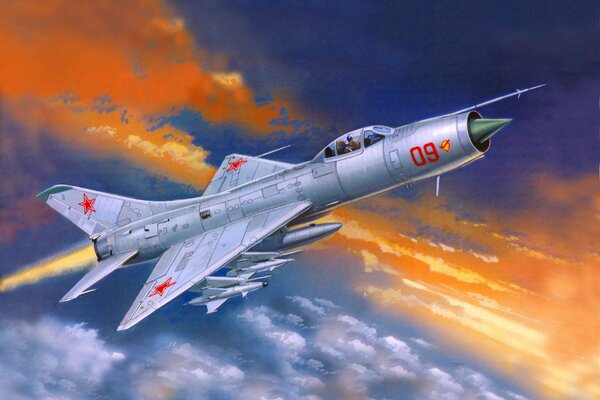 Sunset sky with a single-engine Soviet Su-9 aircraft