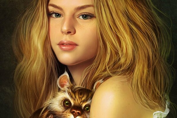 Drawing of a girl with brown hair and a cat