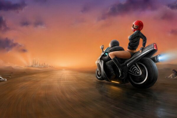 Rysunek dwóch motocyklistów pędzących w kierunku miasta