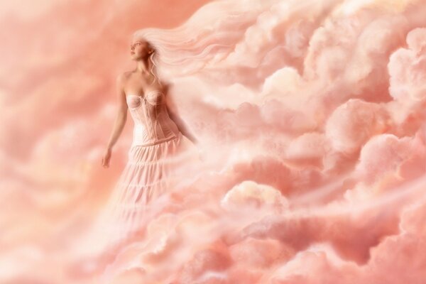 A woman with pink hair in the clouds