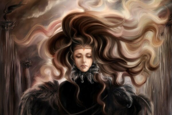 A woman with closed eyes, red tears, long flowing hair in feathers in gloomy tones