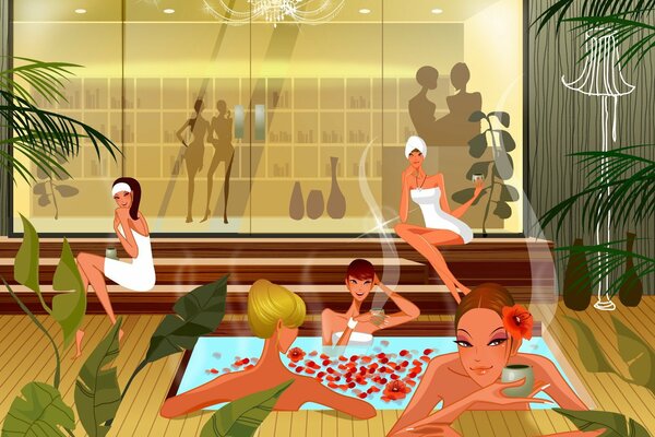 Girls relax in the sauna of the spa