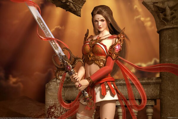 Chica guerrera en rojo con una espada