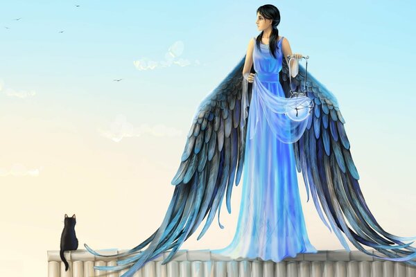 Девушка ангел на крыше с котом