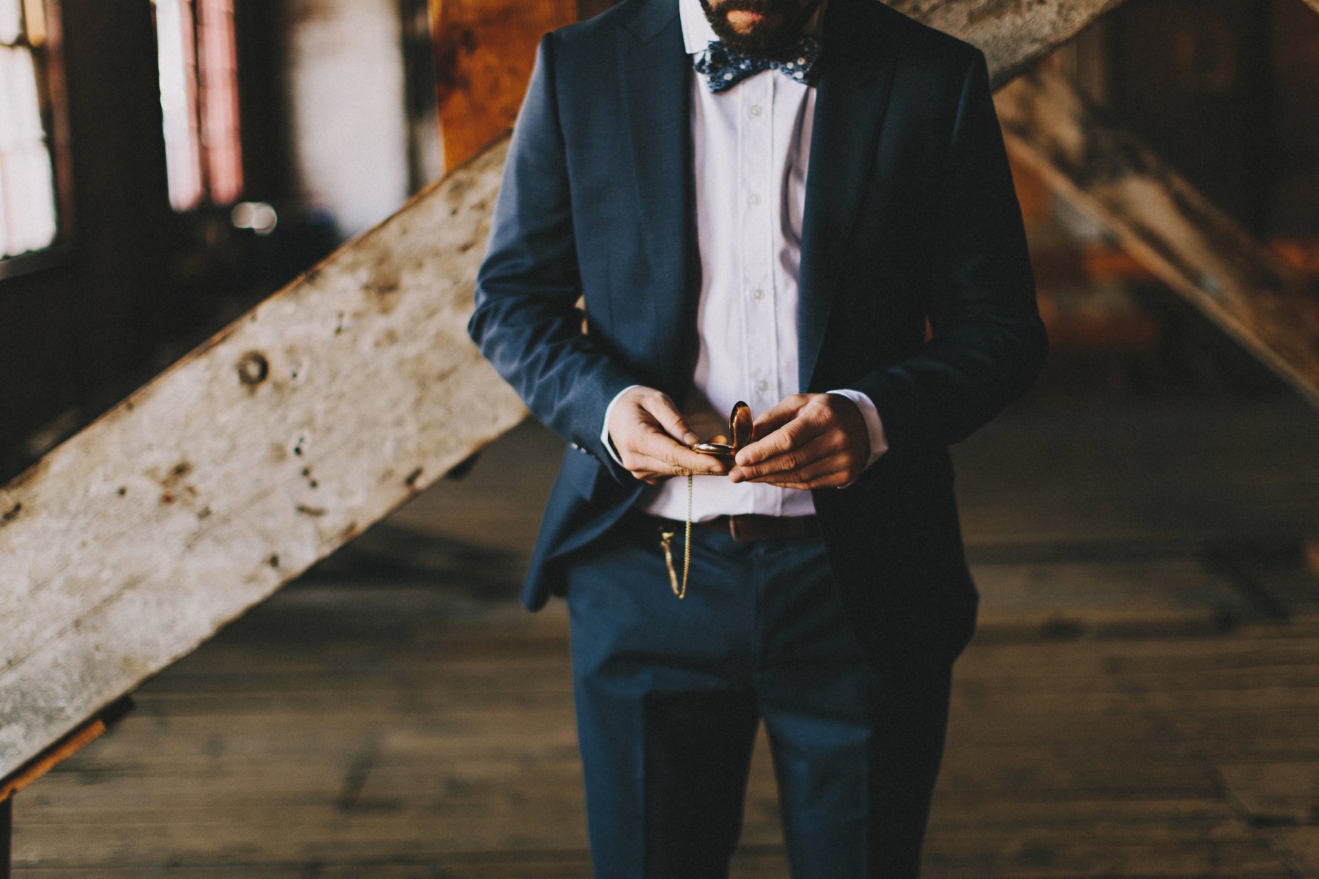 groom shirt trousers bow tie jacket watch