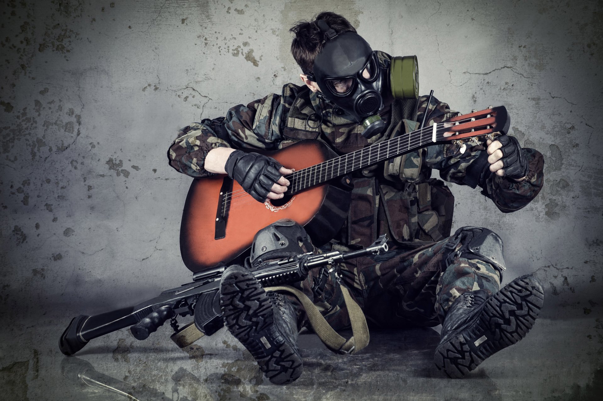 ituation military stalker ammunition camouflage equipment gas mask mask automatic ak guitar six-string tuning remaining alive calm hope blur bokeh wallpaper