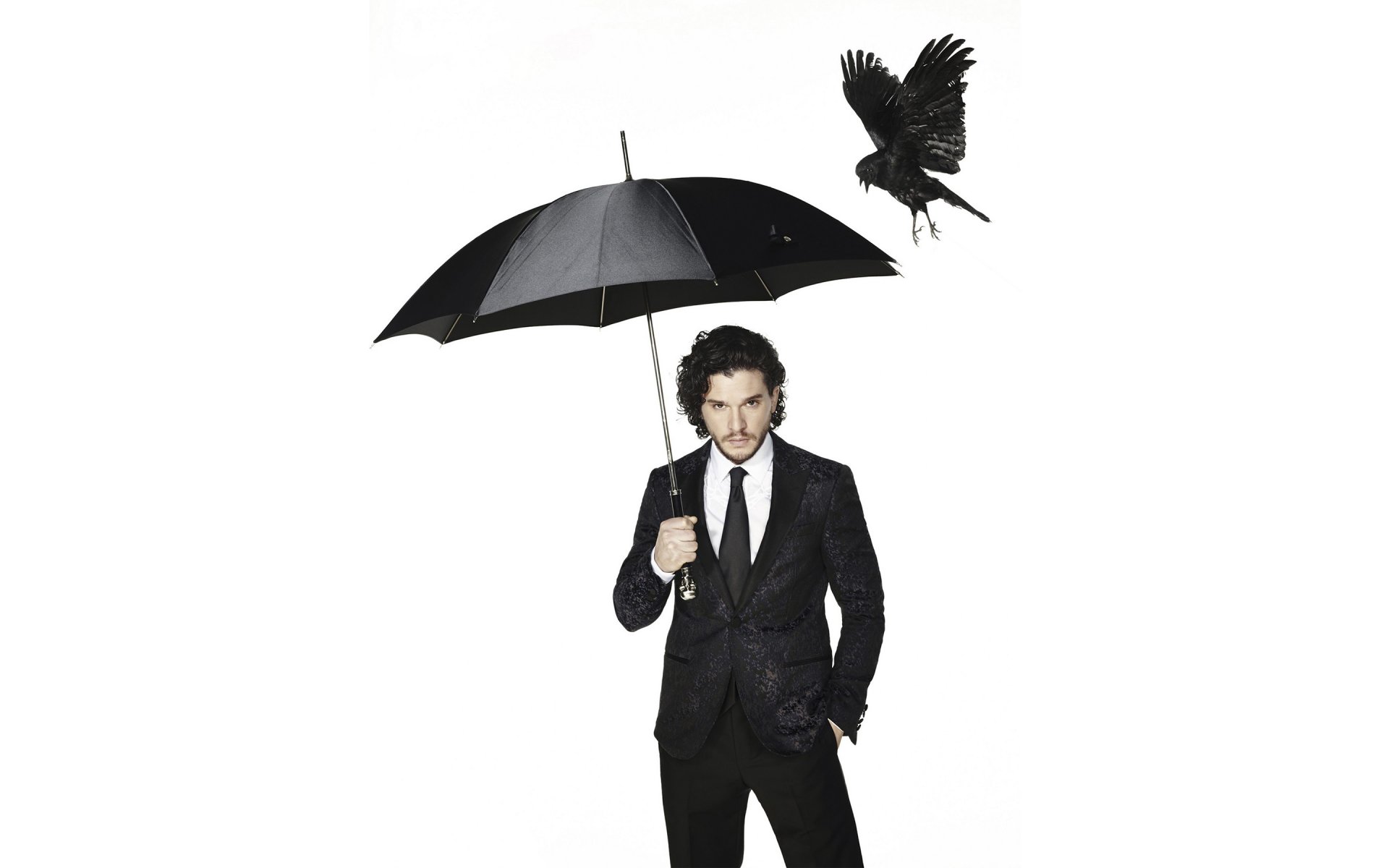 kit harington kit harrington actor photo shoot costume black umbrella bird crow white background photographer dean chalkley newspaper observer 2015