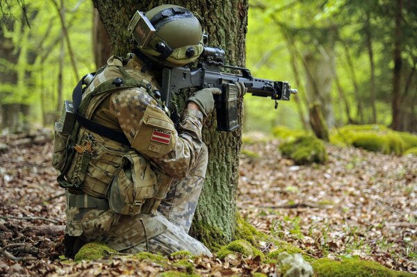 Soldat de l armée lettone avec des armes à la main se cache derrière un arbre