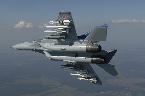 In the sky, the mig-35 makes a turn