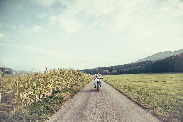 Un uomo in moto cavalca un campo di grano