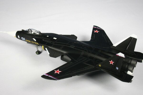 Czarny Su-47 z czerwonymi gwiazdami na szarym tle
