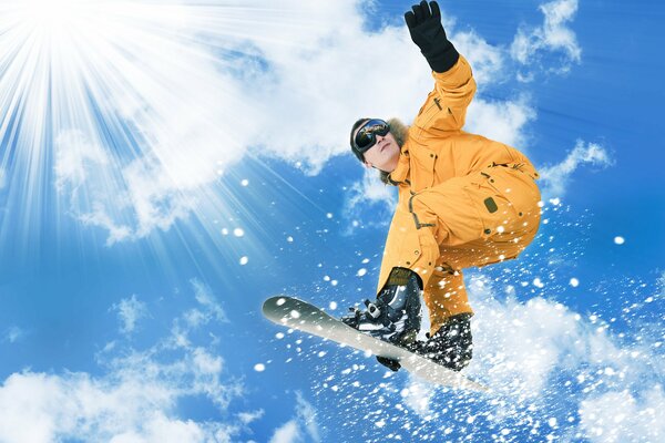 A snowboarder in flight against the background of sunlight