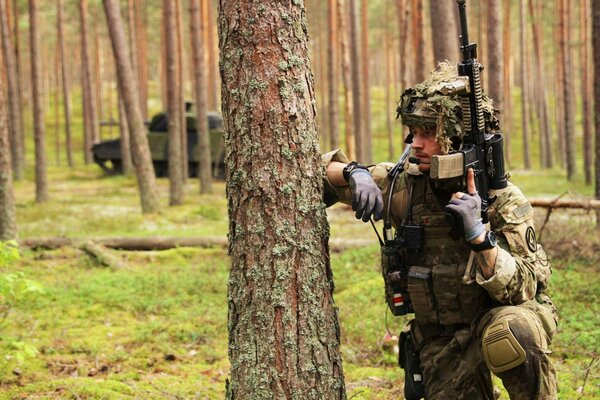 Char et soldat avec des armes parmi les grands arbres