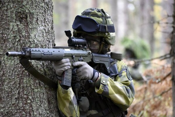 In der schwedischen Armee Soldaten mit Waffen am Baum