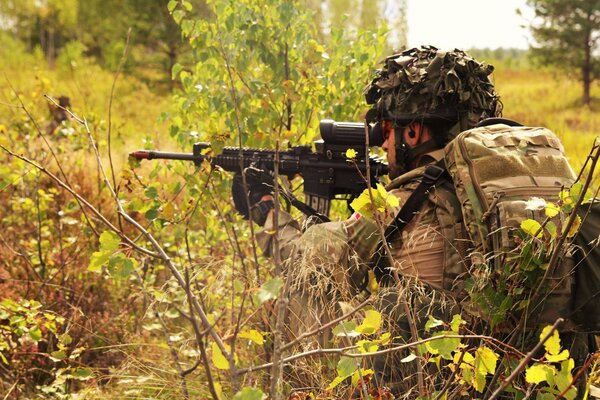 Un soldado del ejército Danés en los arbustos se sienta en una emboscada