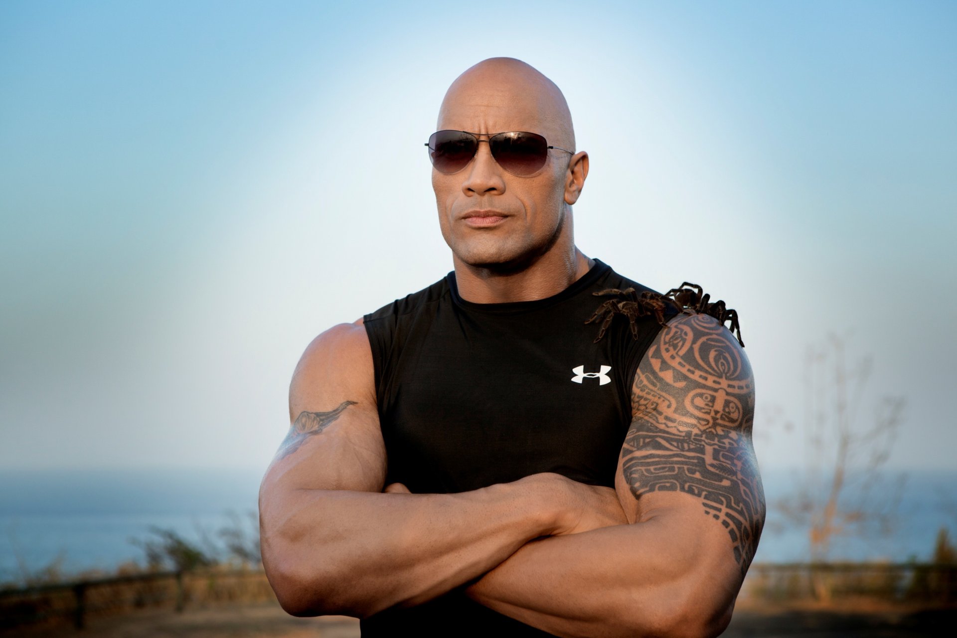 dwayne johnson arañas músculos gafas de sol