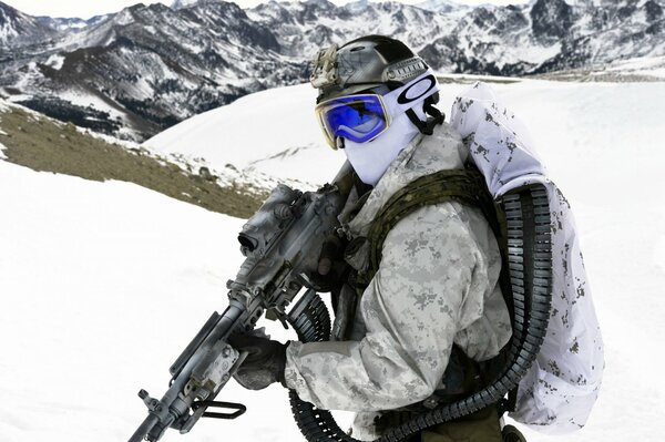 A concentrated soldier in the white nature