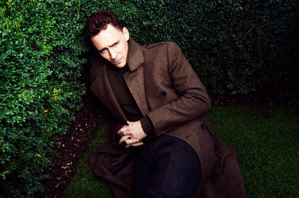 Tom hiddleston est allongé sur l herbe dans les buissons