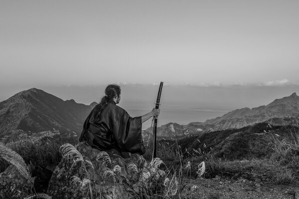 Samurai on top of a mountain with a sword