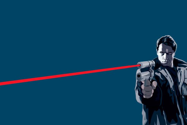 Arnold Schwarzenegger tient un pistolet avec un laser dans sa main