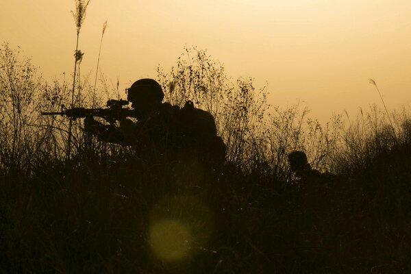 Silhouettes of shooting soldiers in the field