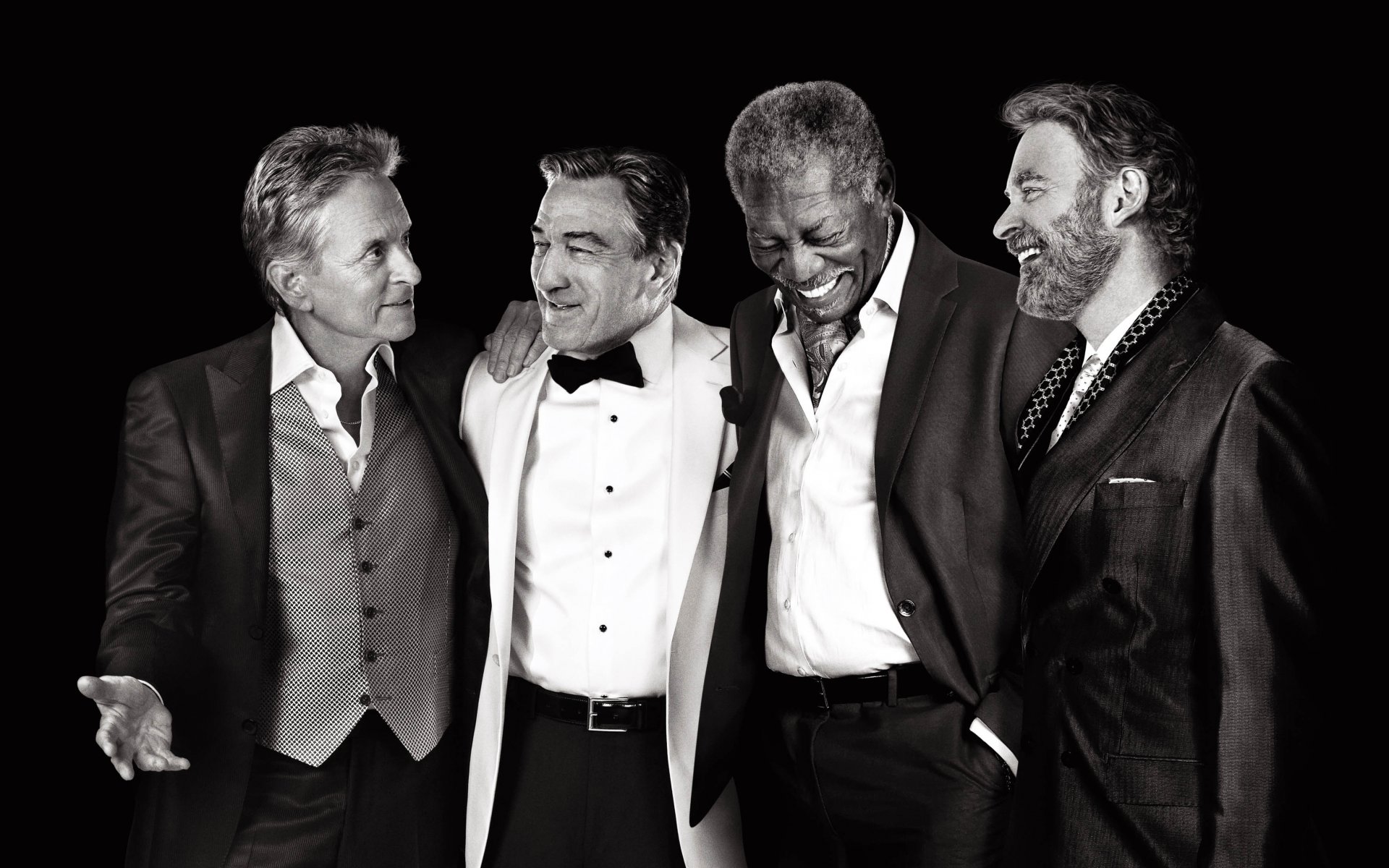 michael douglas robert de niro morgan freeman morgan freeman kevin kline attori celebrità costumi quattro starperts l ultima vegas risate gioia bianco e nero sfondo nero poster