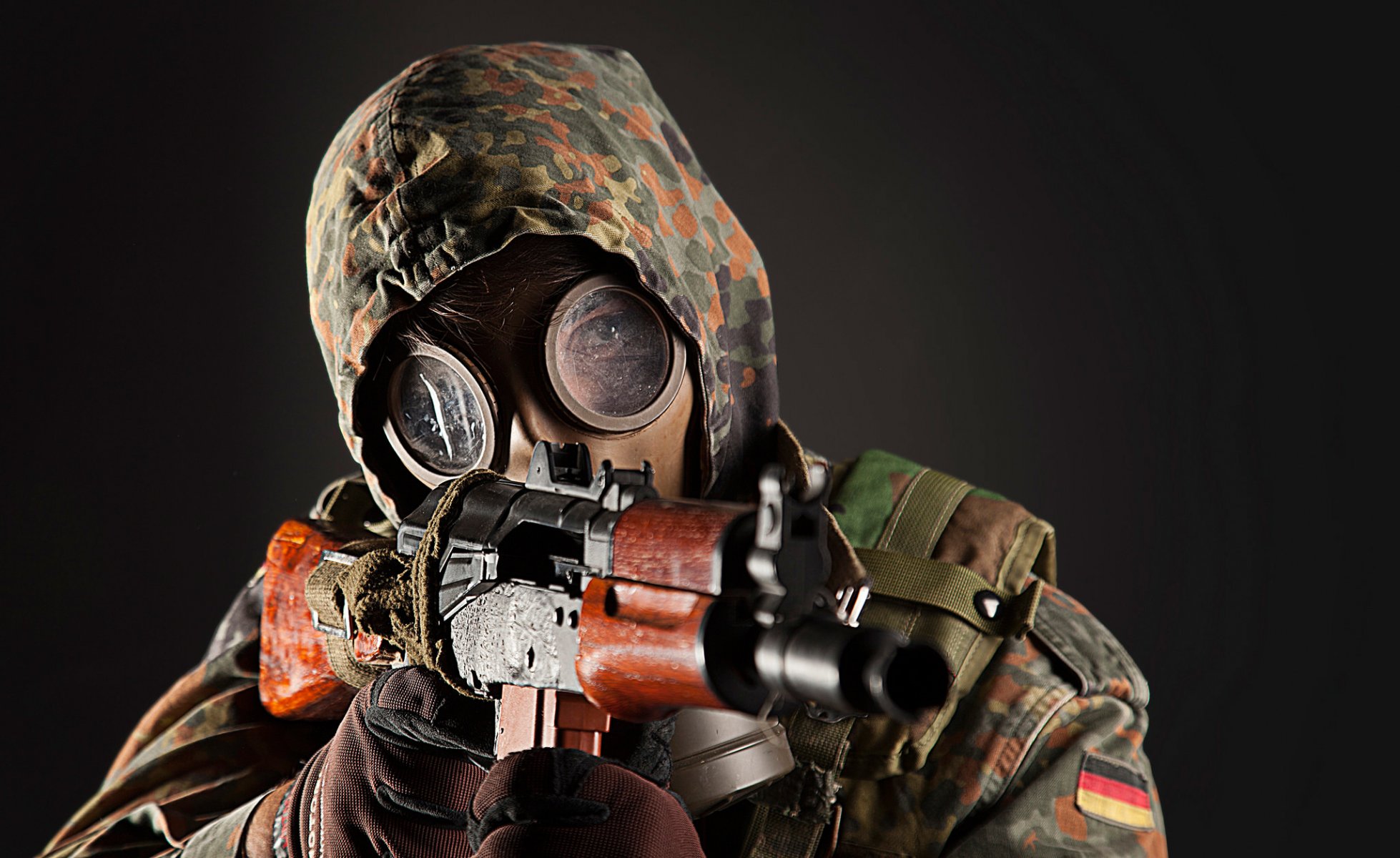 oldier man gas mask submachine gun ak weapon background