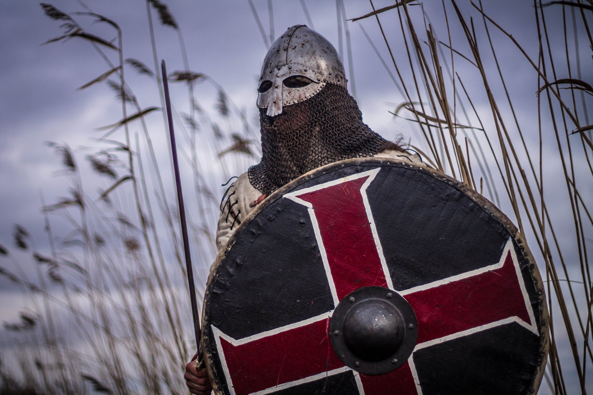 viking warrior helmet mail sword shield