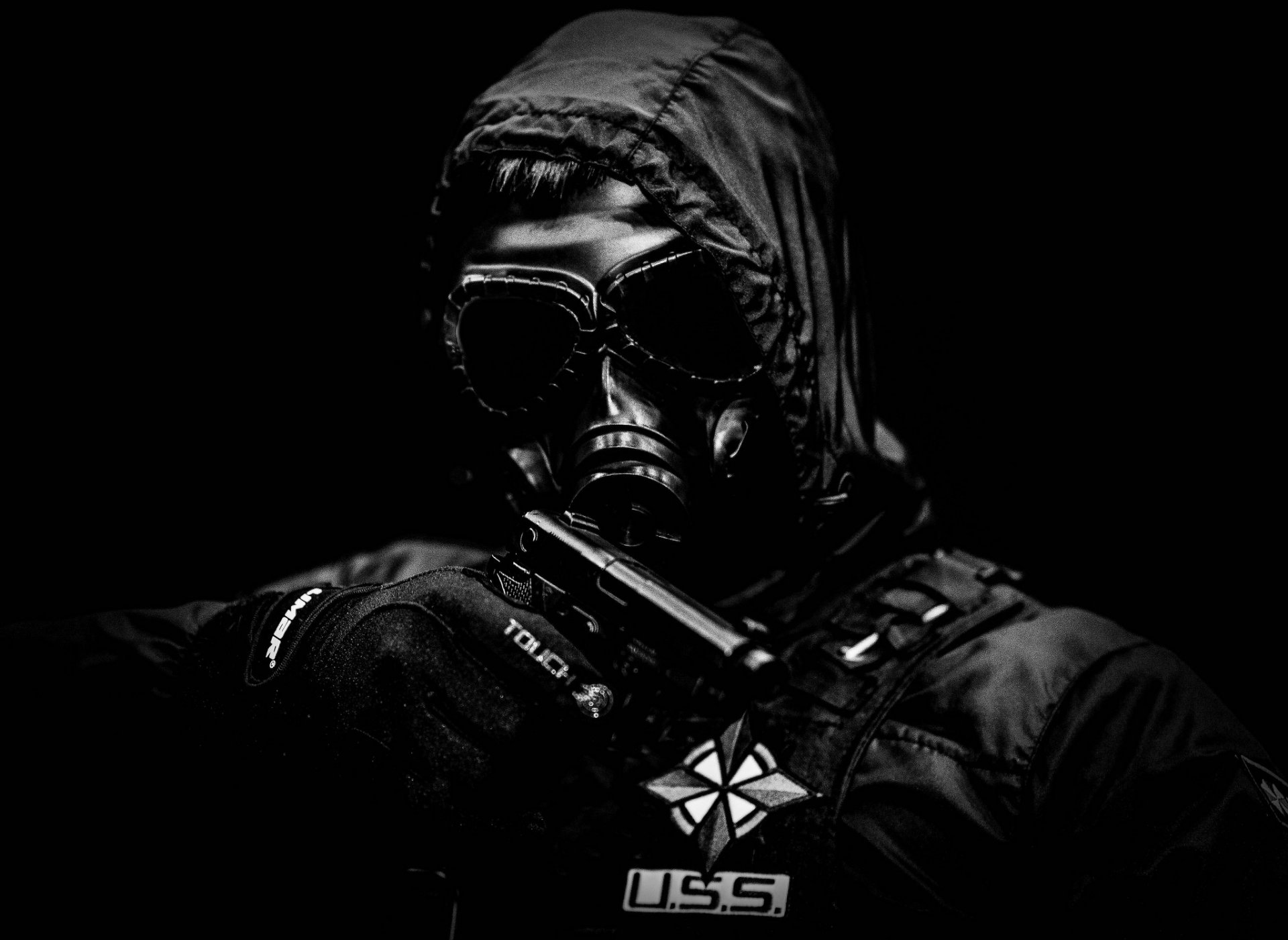 men hood mask jacket weapon gun